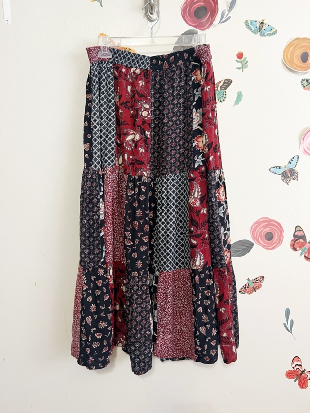 Vintage Burgundy and Navy Patchwork Tiered Midi Skirt Large